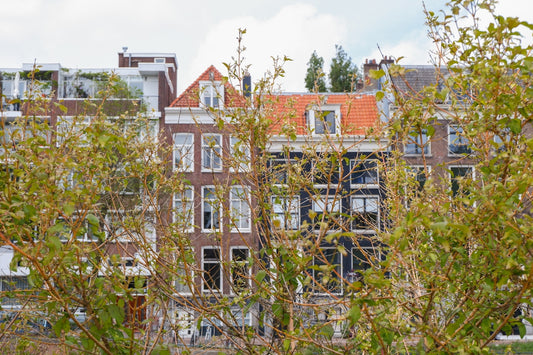 a view of a building through some trees