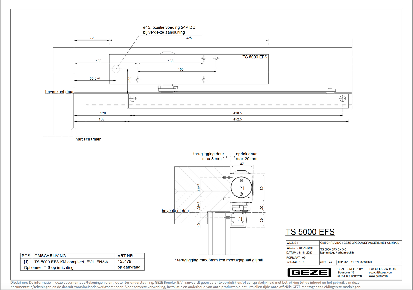 GEZE Vrijloopdeurdranger TS 5000-EFS (155479) kozijn/kop montage